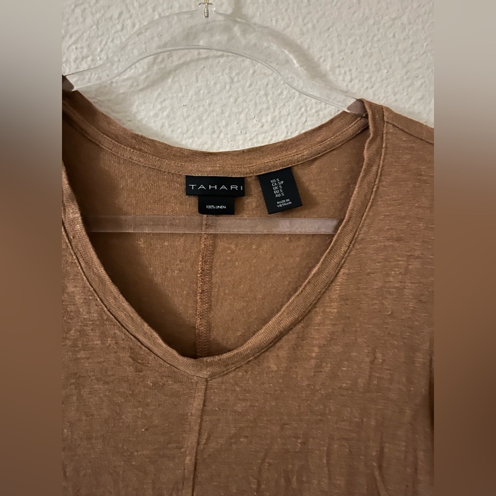 Tahari Tan V-Neck Linen T-Shirt size Small - Picture 4 of 8